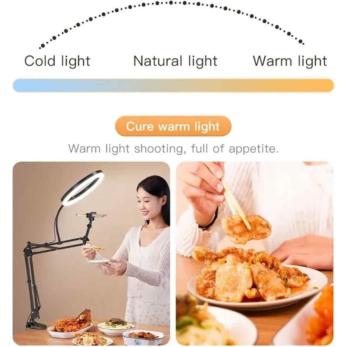 Das Bild zeigt Beleuchtungsoptionen: kalt, natürlich und warm. Es zeigt eine Frau mit einem Ringlicht, Essen und eine Person, die Essen mit Stäbchen hält.