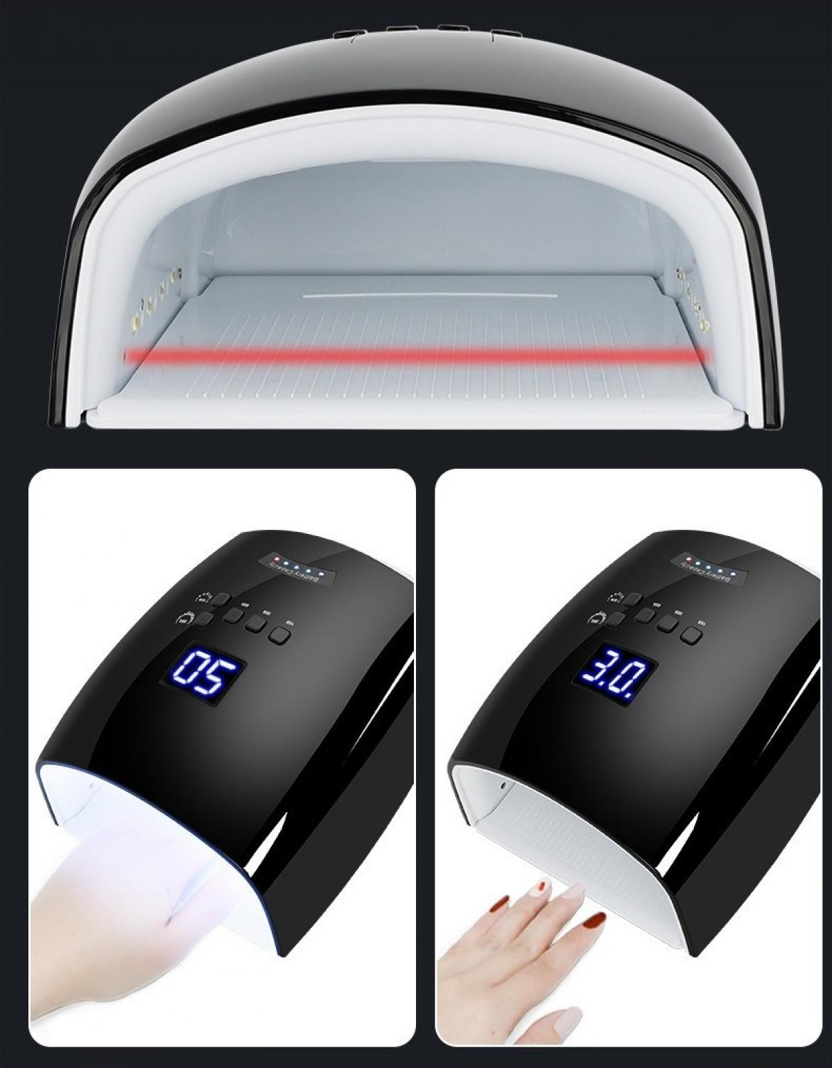 Schwarzer Nageltrockner mit rotem Laser und Digitalanzeige. Ein Bild zeigt eine Hand darin. Das andere zeigt eine Hand mit lackierten Nägeln.
