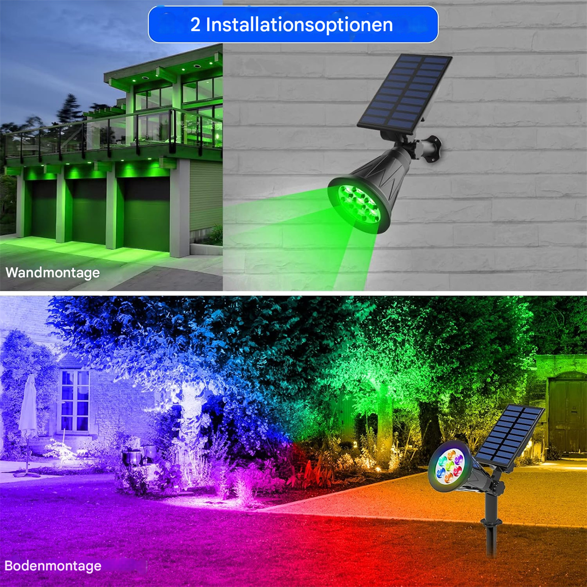 Das Bild zeigt zwei Installationsoptionen für Solarlampen: Wand- und Bodenmontage, mit farbenfrohen Beleuchtungseffekten.