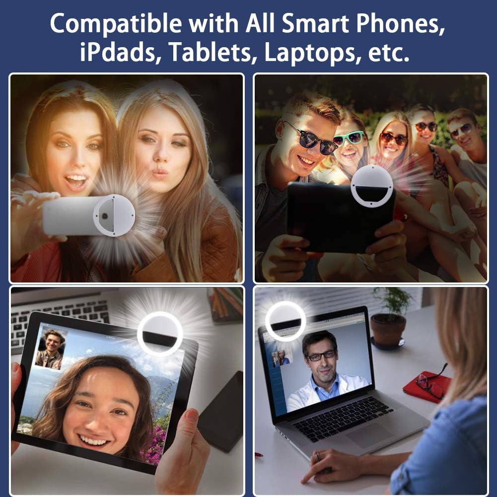 Das Bild zeigt Personen, die Ringlichter mit Telefonen, Tablets und Laptops verwenden. Die Lichter werden für Selfies und Videoanrufe verwendet.