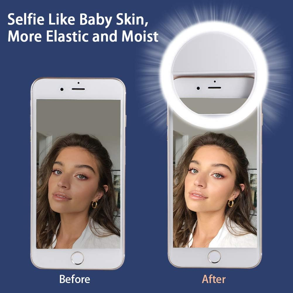 Das Bild zeigt ein Vorher-Nachher-Selfie einer Frau mit einem Ringlicht. Text: Selfie wie Babyhaut, elastischer und feuchter.