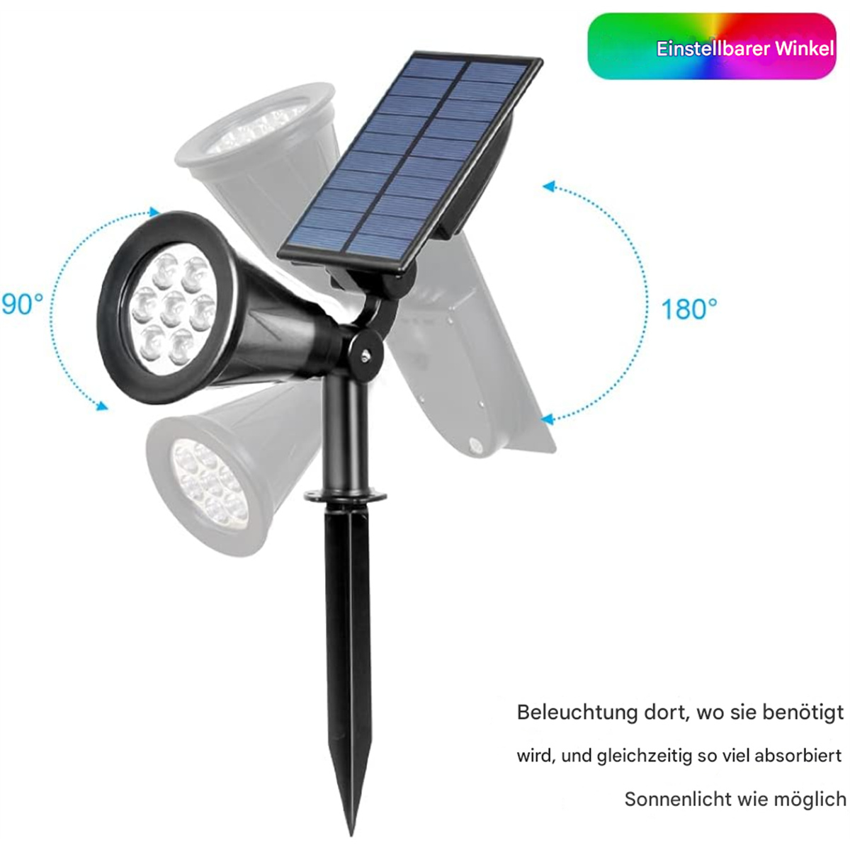 Ein solarbetriebener Strahler mit einstellbaren Winkeln, mit schwarzem Gehäuse, Solarpanel und Erdspieß.