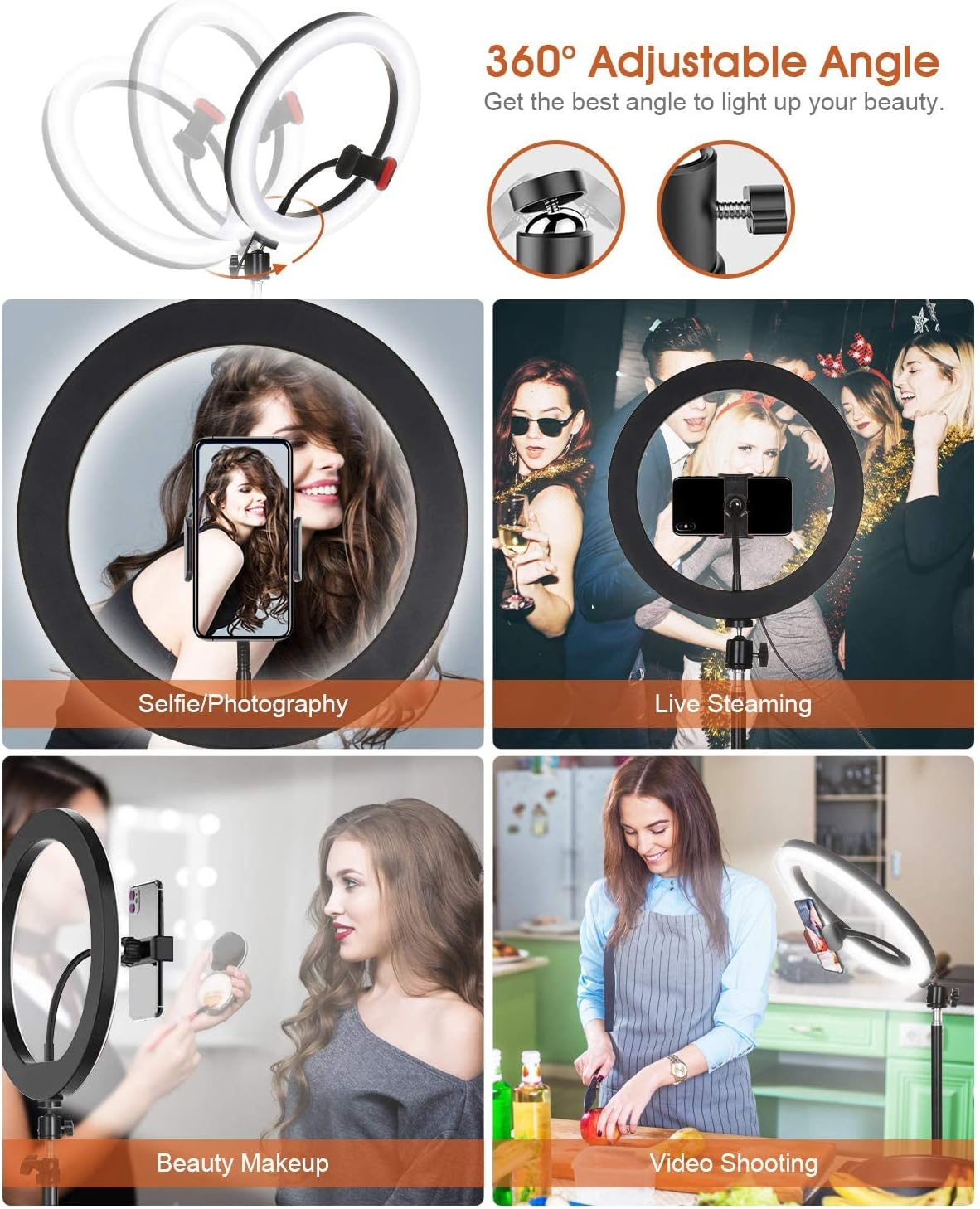 Ein Ringlicht wird für Selfies, Live-Streaming, Schönheits-Make-up und Videoaufnahmen verwendet. Das Licht ist um 360 Grad verstellbar.