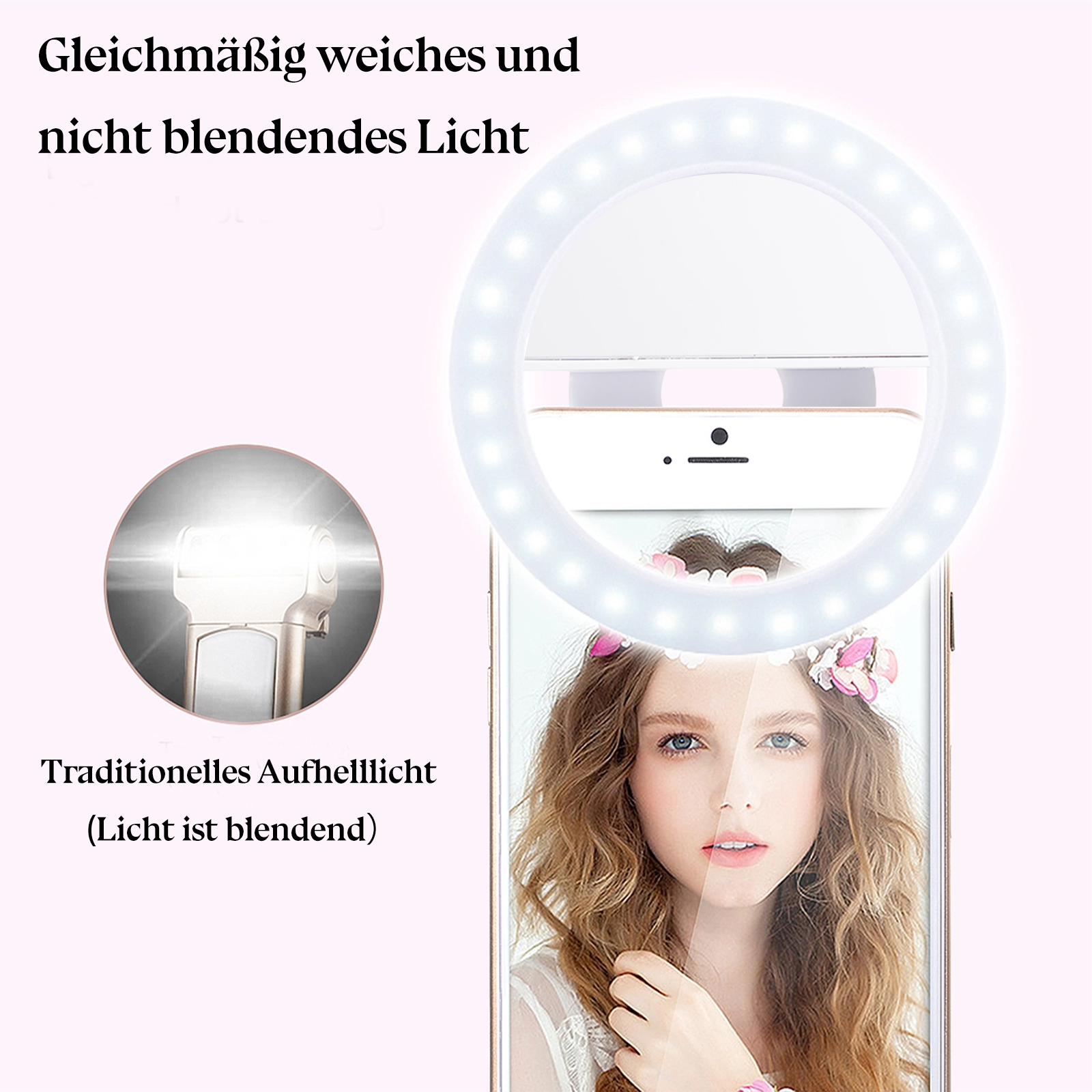 Eine Frau benutzt ein Ringlicht für ein Selfie. Das Ringlicht ist weiß und umgibt das Telefon. Rosa Hintergrund.