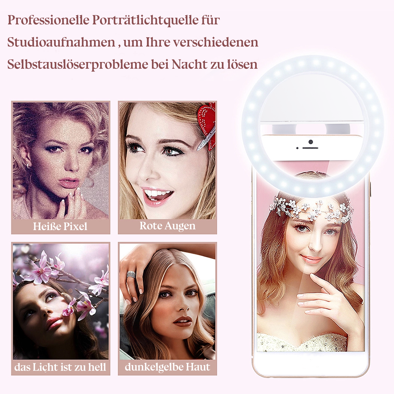 Werbung für Ringlicht mit Frauenfotos. Text beschreibt die Verwendung des Lichts für Studioporträts.