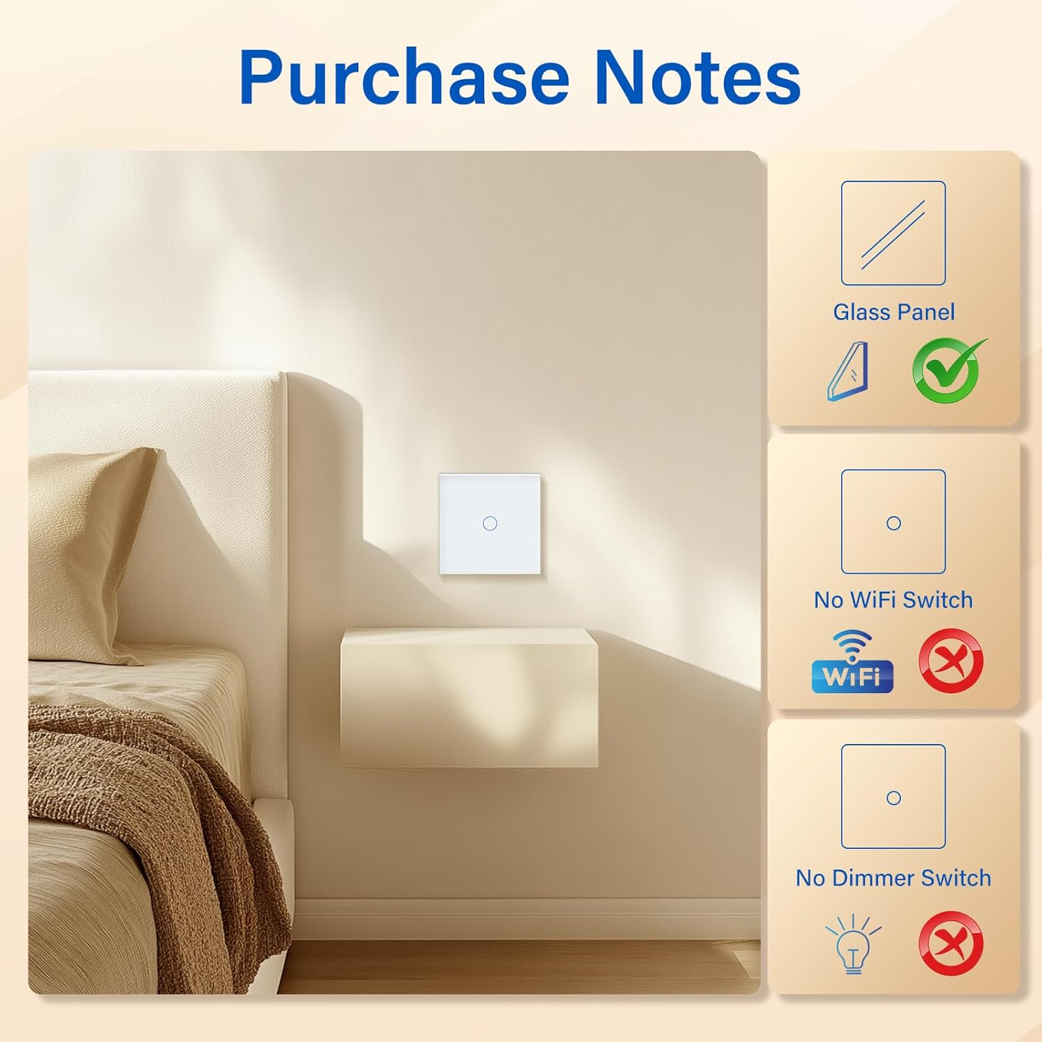 Ein Smart-Switch an einer Wand, neben einem Bett. Textfelder zeigen Merkmale: Glasplatte, kein WLAN, kein Dimmer. Kaufhinweise oben.