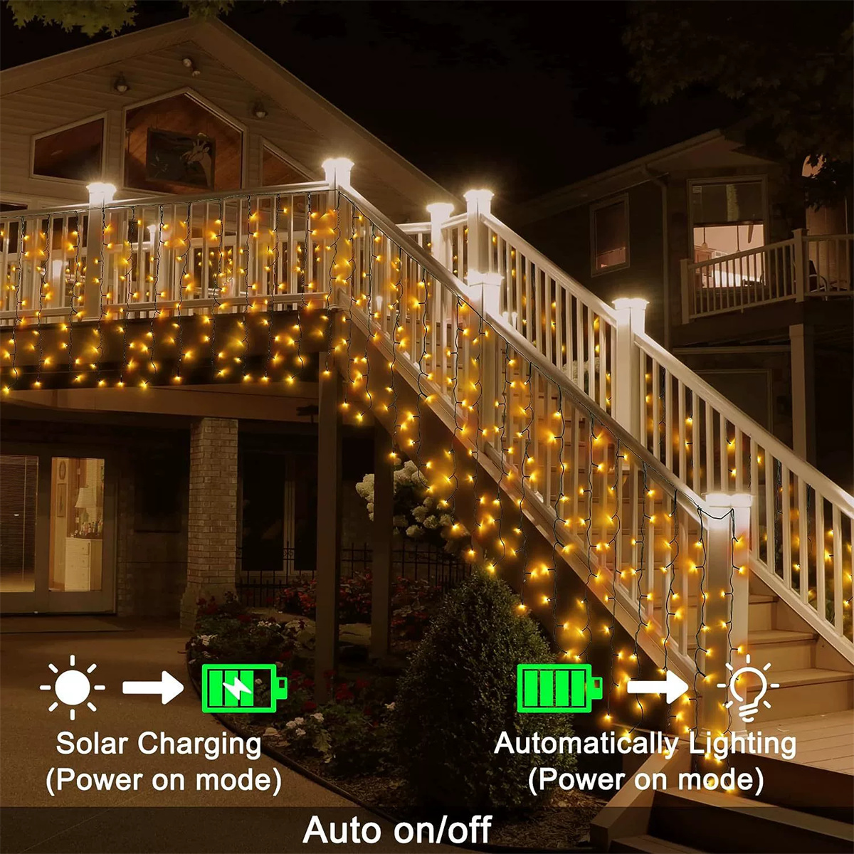 Ein Haus, das mit Lichterketten geschmückt ist. Das Bild zeigt die Solarauflade- und automatischen Lichtfunktionen mit Textbeschreibungen.