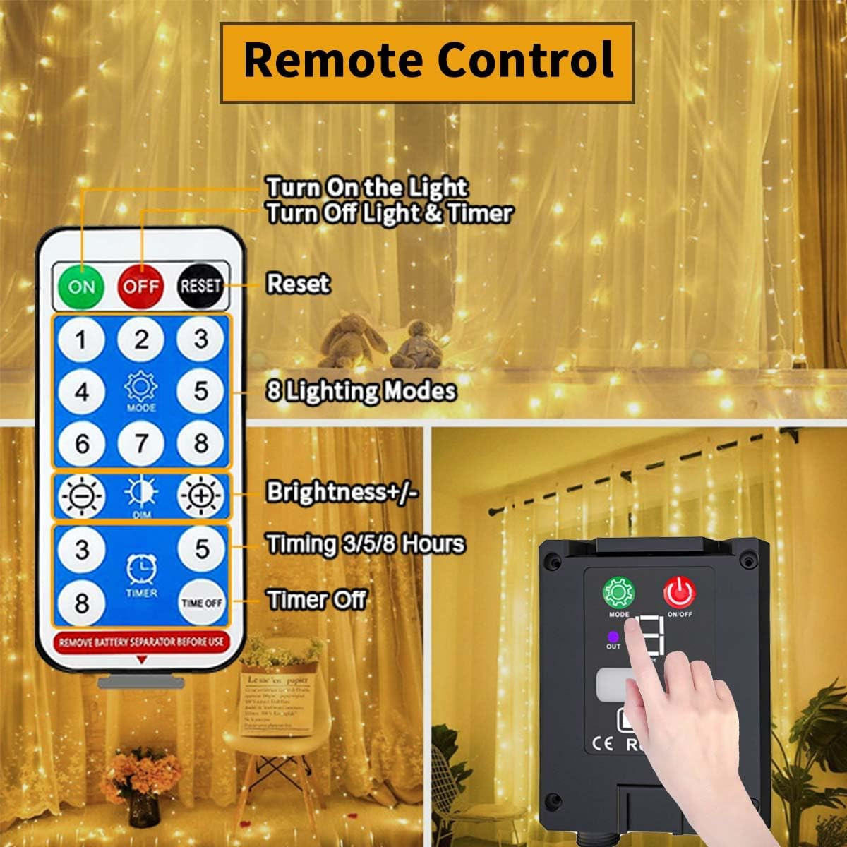 Das Bild zeigt eine Fernbedienung mit Tasten für Lichter. Enthält Einstellungen für Helligkeit, Timer und verschiedene Beleuchtungsmodi.