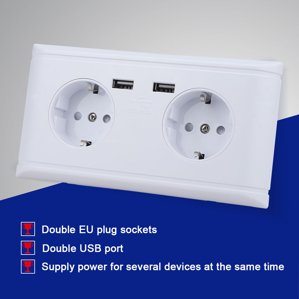 Eine weiße Steckdose mit zwei EU-Steckdosen und zwei USB-Anschlüssen, beschriftet mit DC5V2.4A. Der Hintergrund ist ein weiß-blauer Farbverlauf.
