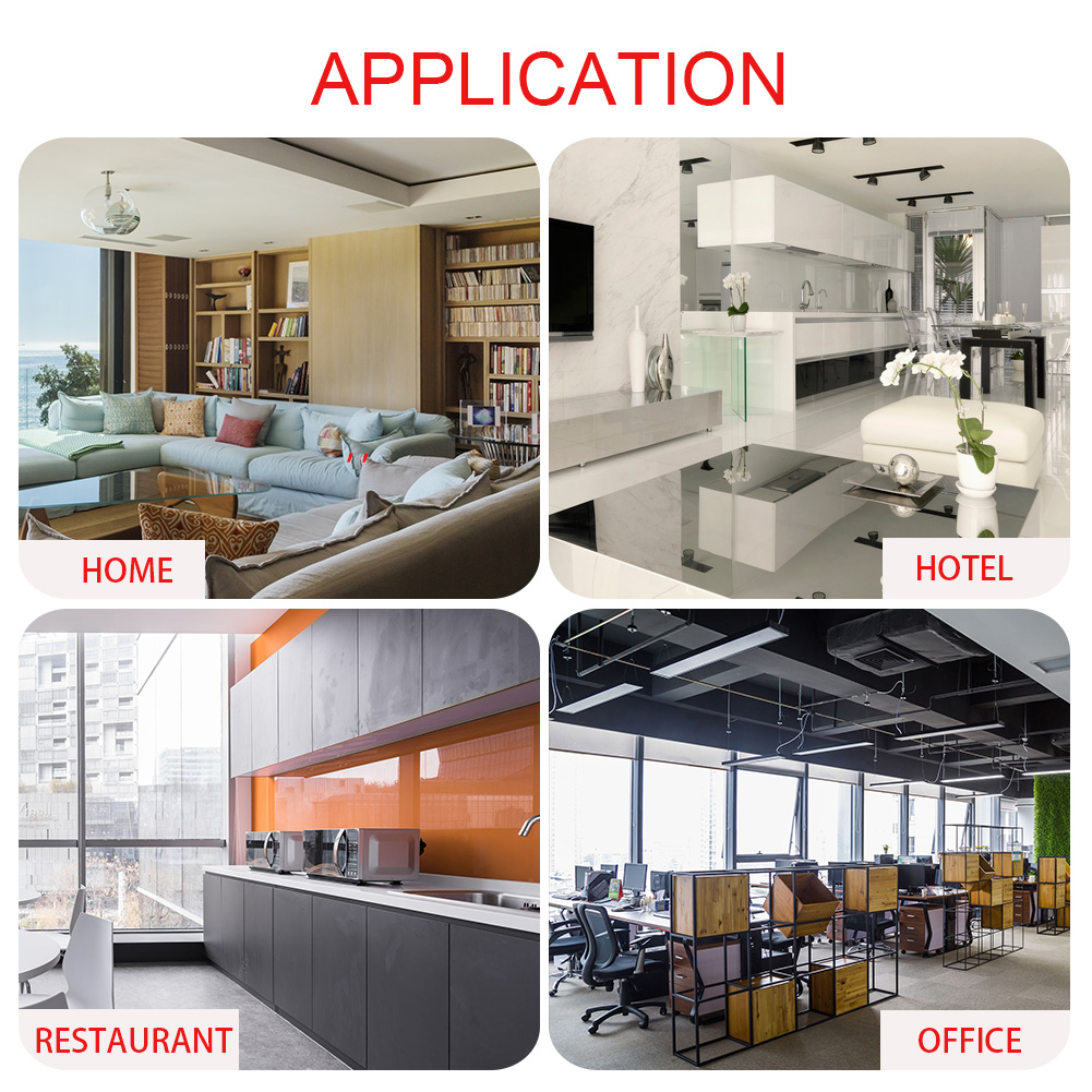 Das Bild zeigt Innenarchitektur: Zuhause mit Sofa, Hotel mit Küche, Restaurant mit Tresen und ein Büro mit Schreibtischen.