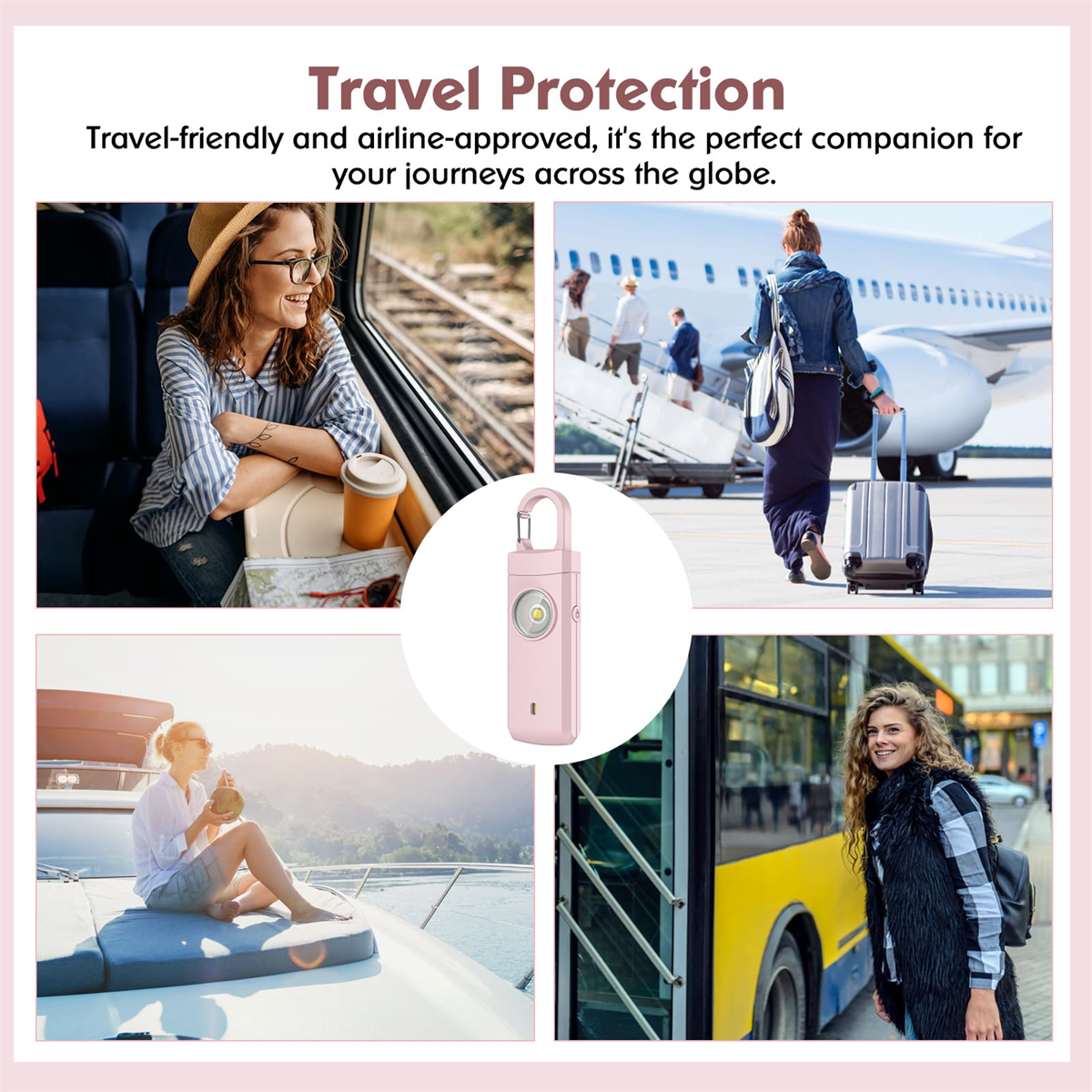 Das Bild zeigt Reiseszenen: Zug, Flugzeug, Boot, Bus. Ein rosa Sicherheitsgerät in der Mitte. Text: Reiseschutz, reisefreundlich.