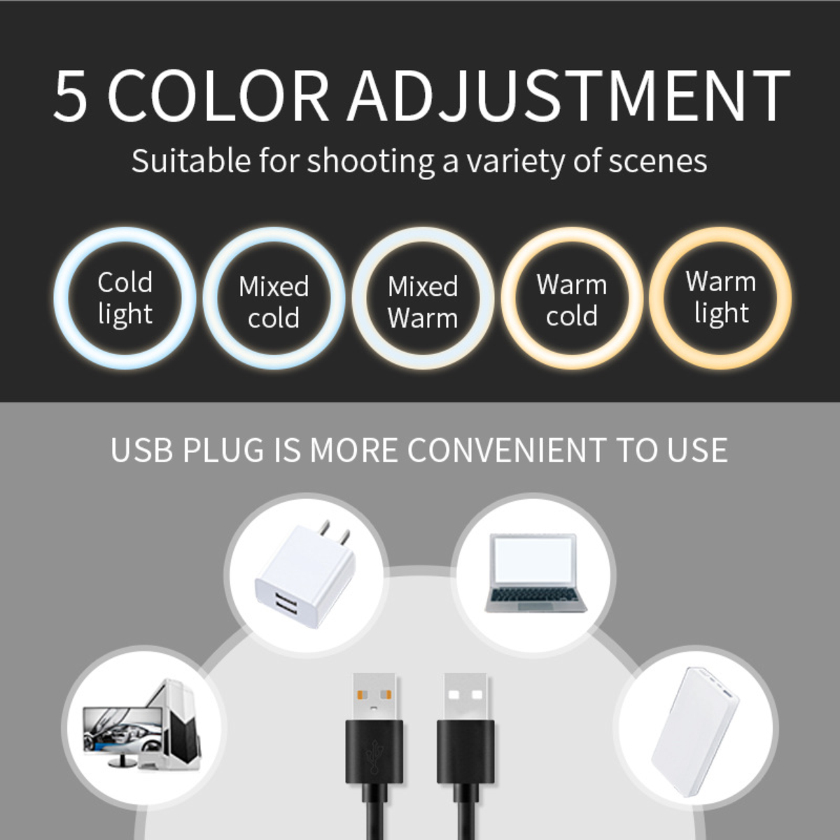 Das Bild zeigt Farbanpassungsoptionen: kaltes Licht, gemischtes kaltes, gemischtes warmes, warmes kaltes und warmes Licht. USB-Stecker hervorgehoben.