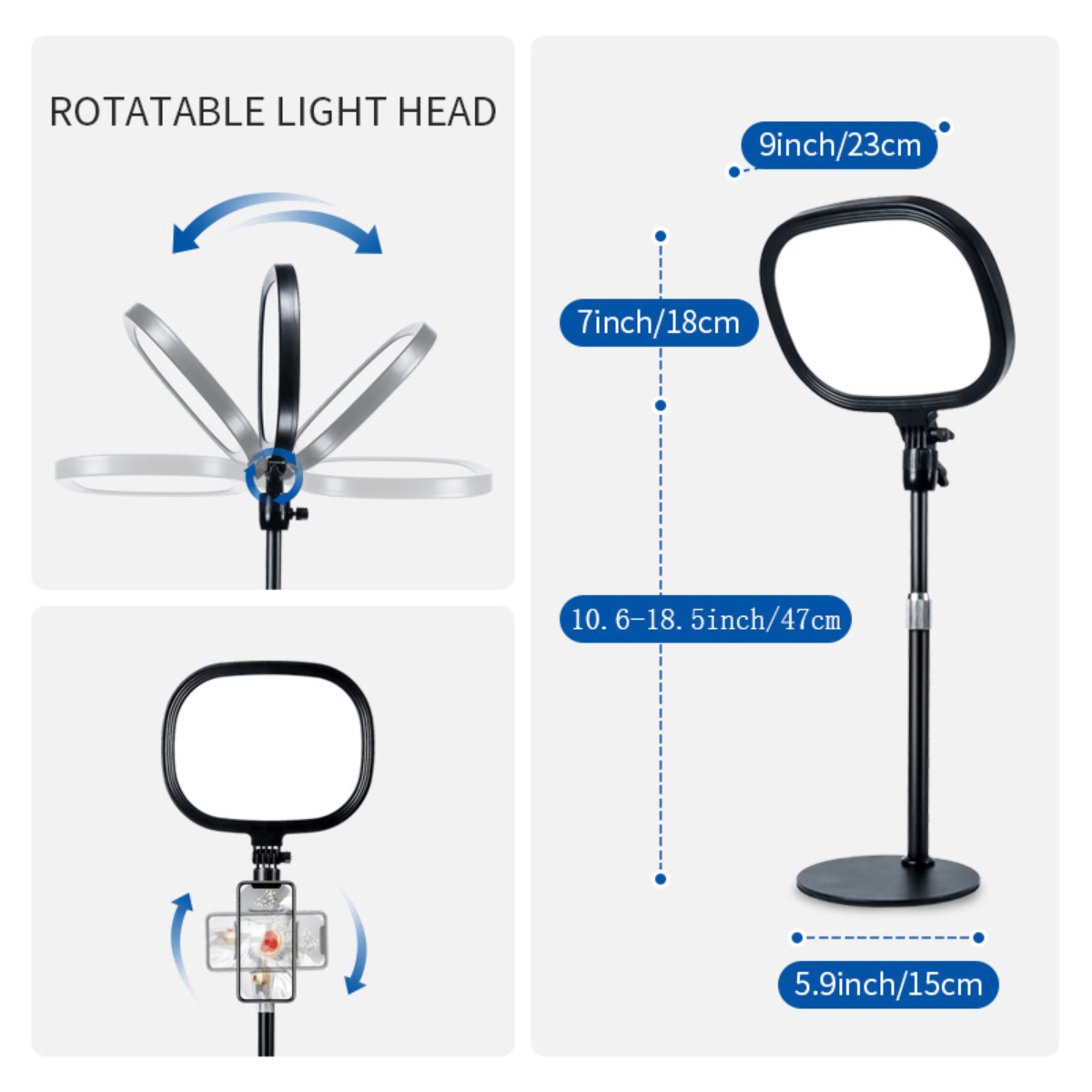 Ein schwarzes Ringlicht mit Ständer. Das Bild zeigt Maße, das Licht ist als 'ROTATABLE LIGHT HEAD' gekennzeichnet.
