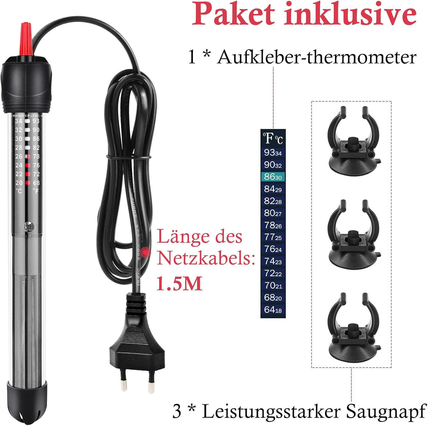 Ein Aquarienheizer mit Temperaturanzeige, Saugnäpfen und Netzkabel. Text auf Deutsch beschreibt die Artikel.
