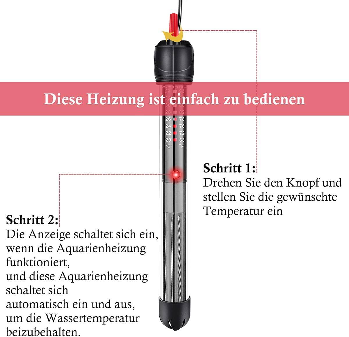 Ein Aquariumheizer mit Temperatureinstellungen. Anweisungen zeigen, wie man die Temperatur einstellt und wie sie funktioniert.