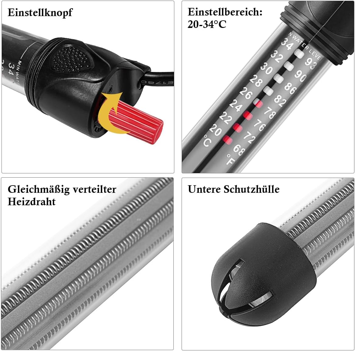 Nahaufnahme eines schwarzen Aquarienheizers mit Einstellungen. Zeigt den Temperaturbereich, die Heizspirale und die Schutzhülle. Roter Einstellknopf.