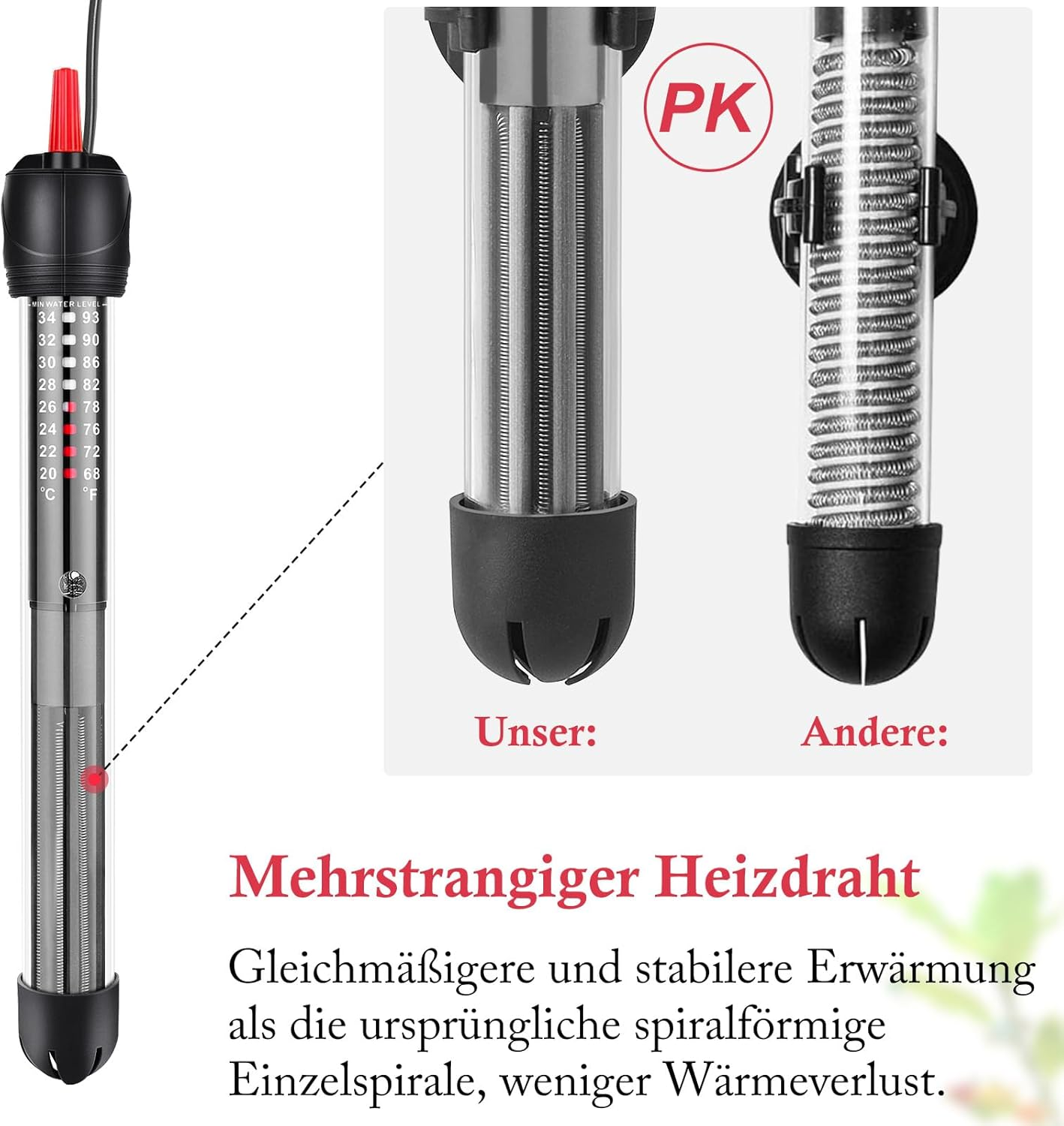 Das Bild zeigt einen Vergleich von Aquarienheizungen. Ein Heizgerät hat einen mehrsträngigen Heizdraht, das andere eine Einzelspirale.