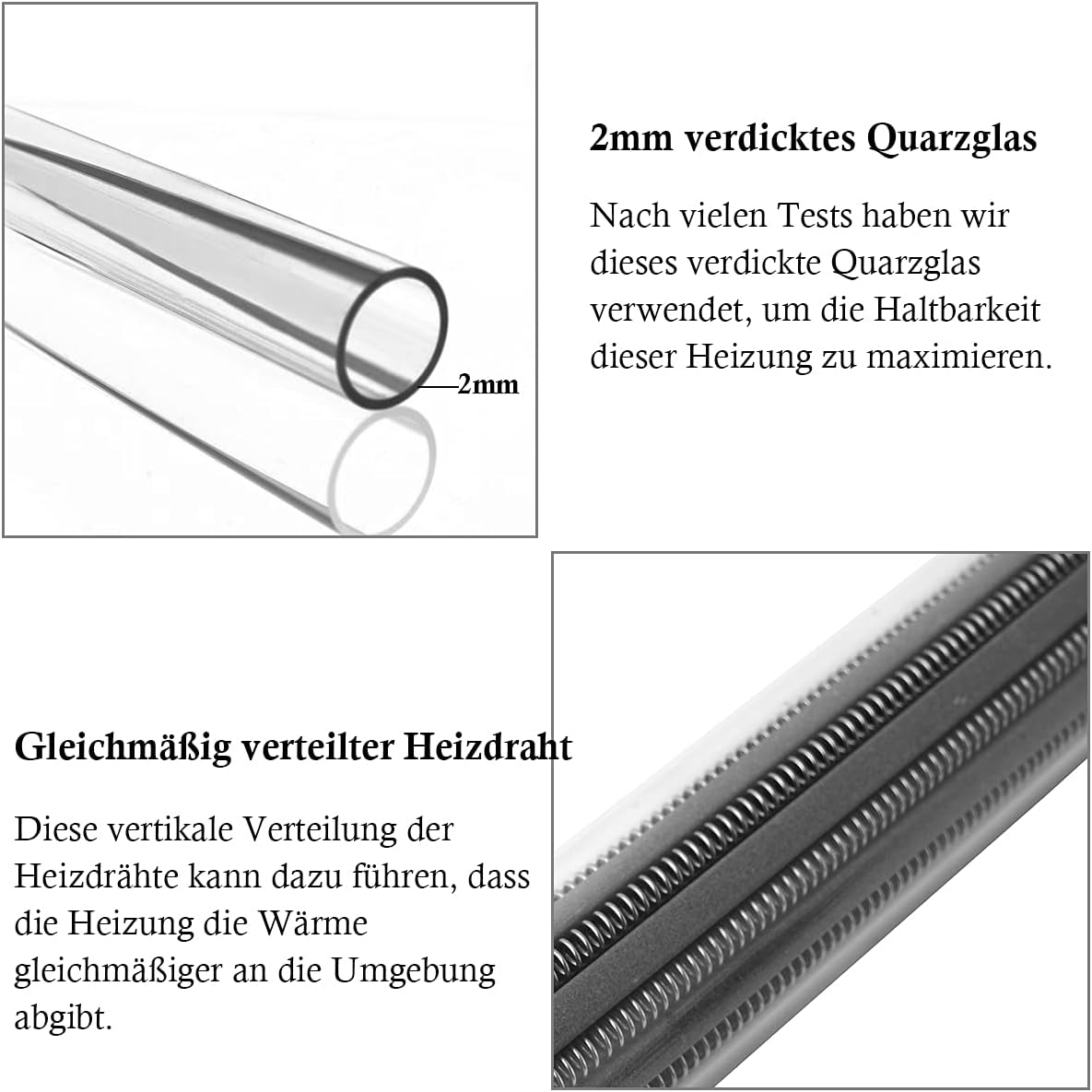 Das Bild zeigt ein Glasrohr und eine Nahaufnahme von Heizspiralen. Deutscher Text erklärt das Design für Haltbarkeit.