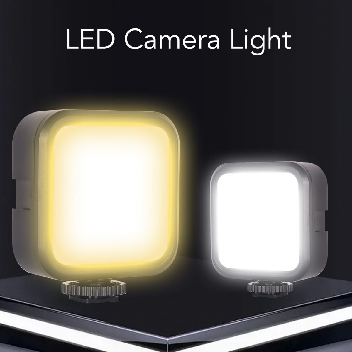 Zwei LED-Kameralichter, eines warmgelb, eines weiß, auf einer reflektierenden Oberfläche. Dunkler Hintergrund mit Text 'LED Camera Light'.