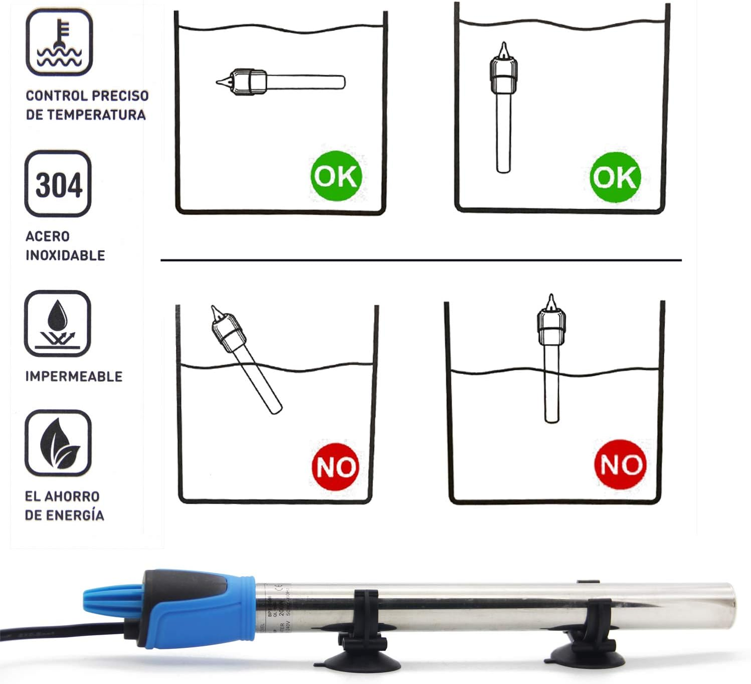 Diagramm zeigt einen Wasserheizer in verschiedenen Positionen. OK-Zeichen weisen auf die richtige Verwendung hin. NO-Zeichen weisen auf falsche Verwendung hin.