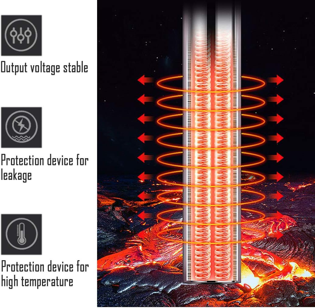 Das Bild zeigt ein Heizelement mit Pfeilen, die den Wärmefluss anzeigen. Text beschreibt Merkmale: Spannungsstabilität, Auslaufschutz und Hochtemperaturschutz.