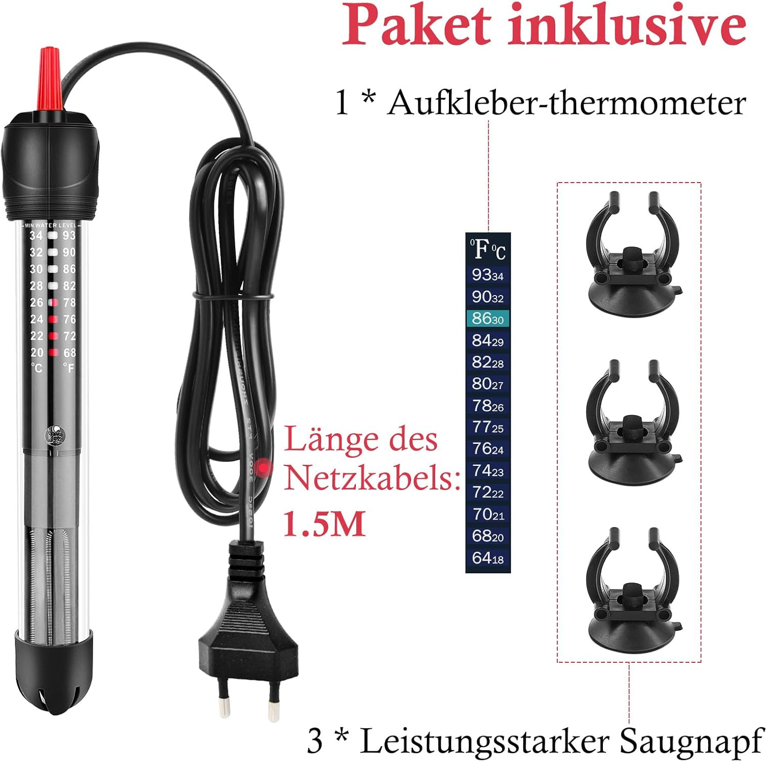 Ein Aquarienheizer mit Temperaturanzeige und Saugnäpfen, mit deutschem Text. Schwarzes Kabel, rote Kappe und Produktdetails.