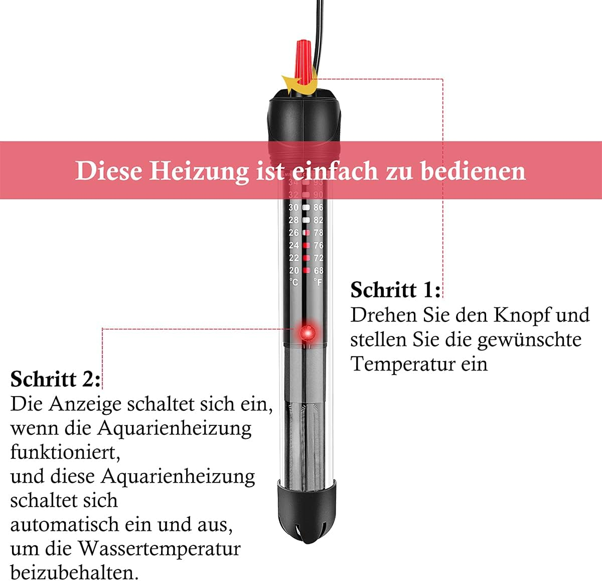 Ein Aquariumheizer mit Temperaturmarkierungen und Anweisungen. Eine rote LED leuchtet. Text erklärt, wie man die Temperatur einstellt.