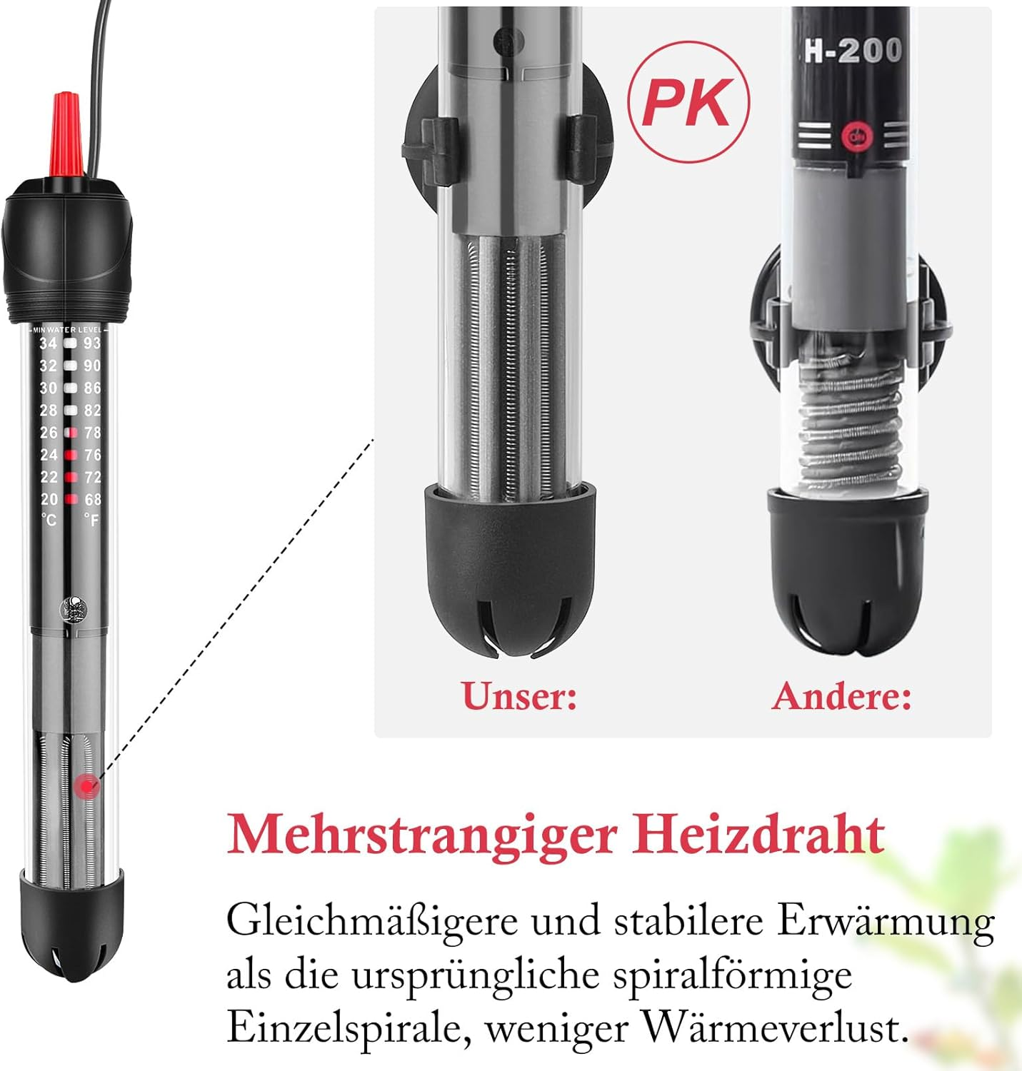 Das Bild zeigt zwei Aquarienheizungen; eine mit der Aufschrift 'Unser', die andere 'Andere'. Text beschreibt Mehrstrang-Heizdraht für gleichmäßige Erwärmung.