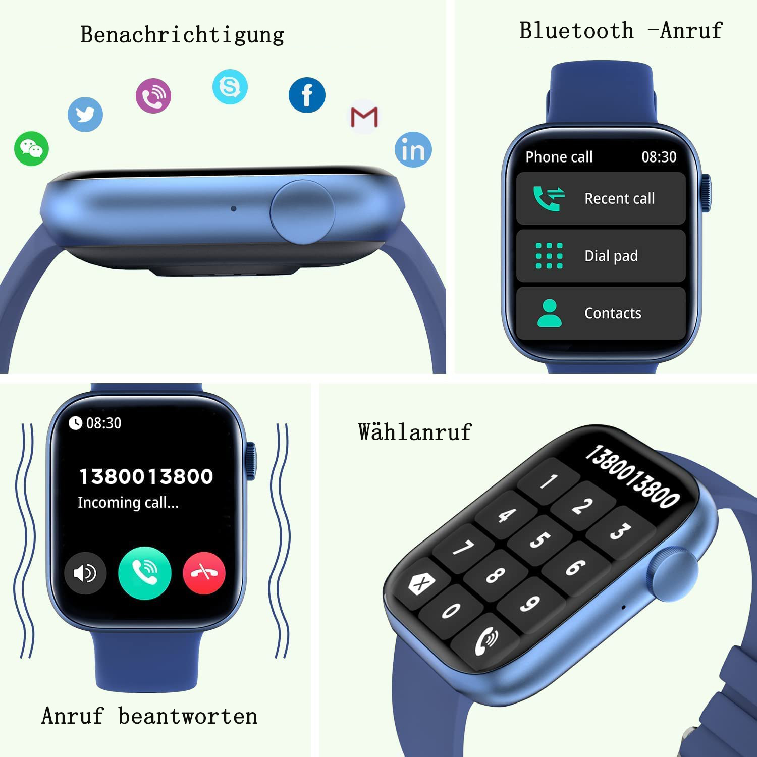 Blaue Smartwatch mit Benachrichtigungen, Telefonoptionen, Zifferntastatur und eingehendem Anruf. Verschiedene App-Symbole werden angezeigt.