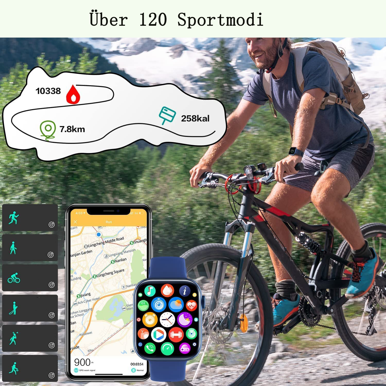 Ein Mann fährt mit einem Mountainbike, trägt eine Smartwatch. Daten wie Distanz, Kalorien und Herzfrequenz werden angezeigt. Ein Telefon zeigt eine Karte.