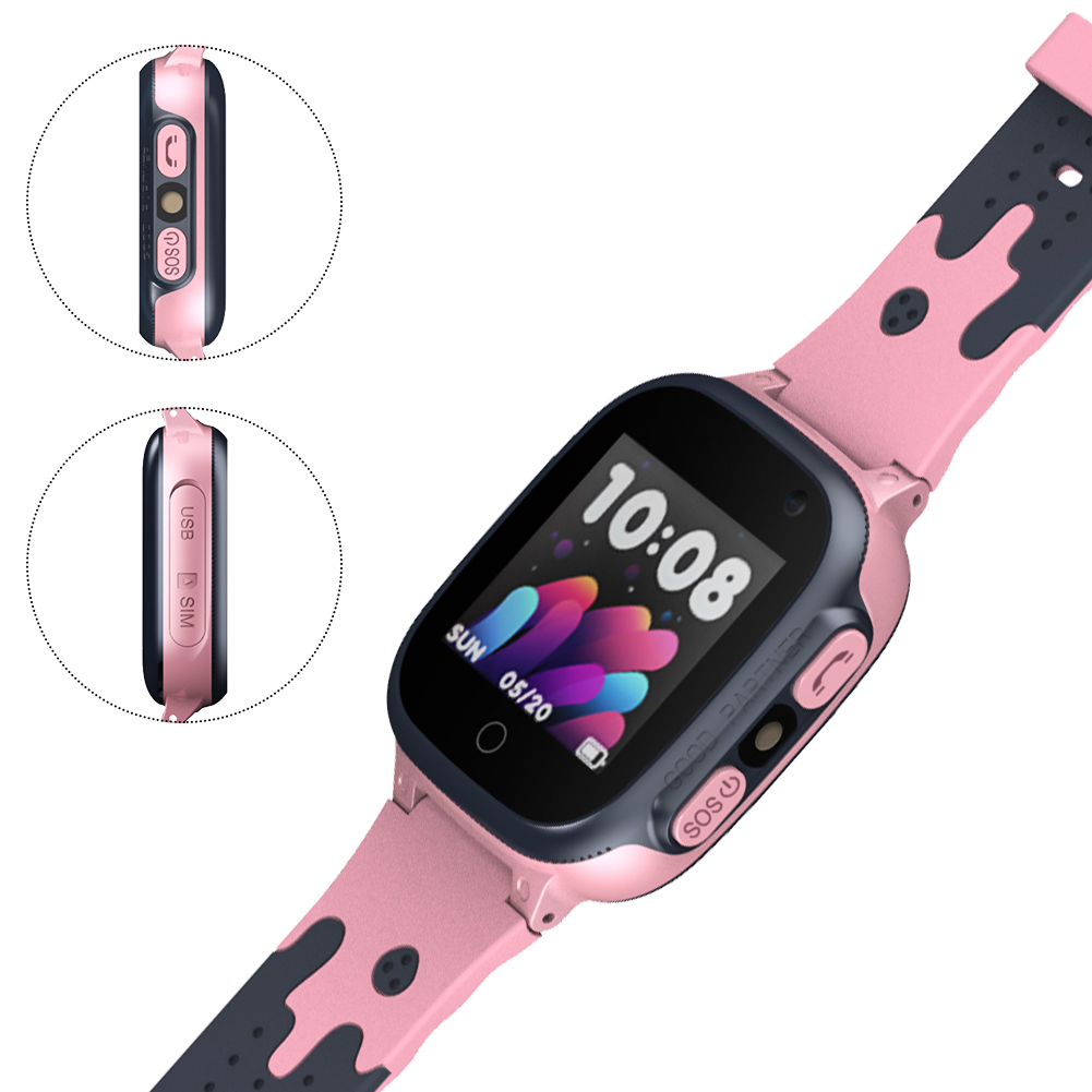 Eine rosa Smartwatch mit schwarzem Bildschirm, der Uhrzeit und Datum anzeigt, die Seite zeigt SOS-Taste und USB/SIM-Anschlüsse.