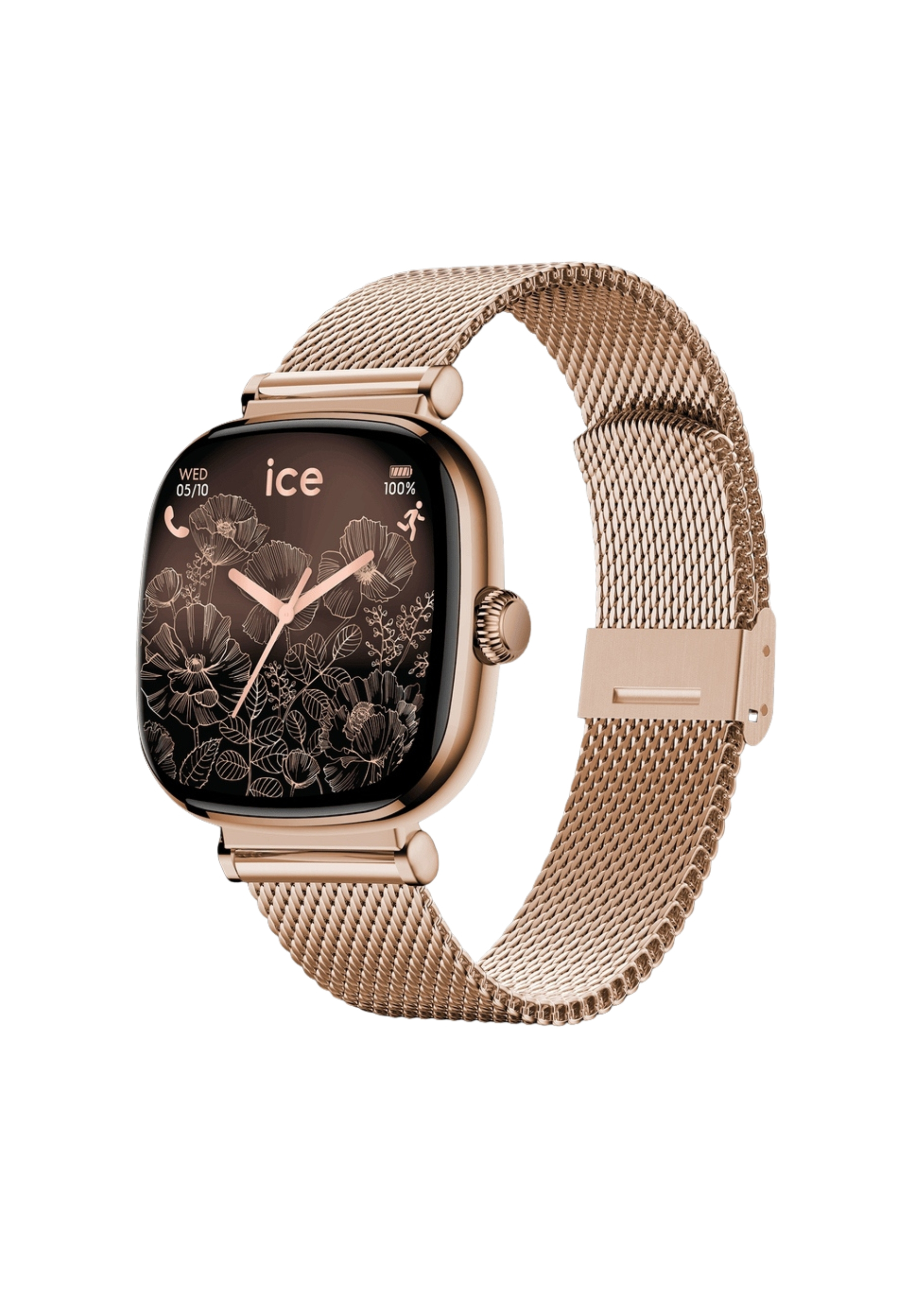 Eine roségoldene Smartwatch mit Mesh-Armband, floralem Design auf dem Bildschirm und der Marke 'ice'.