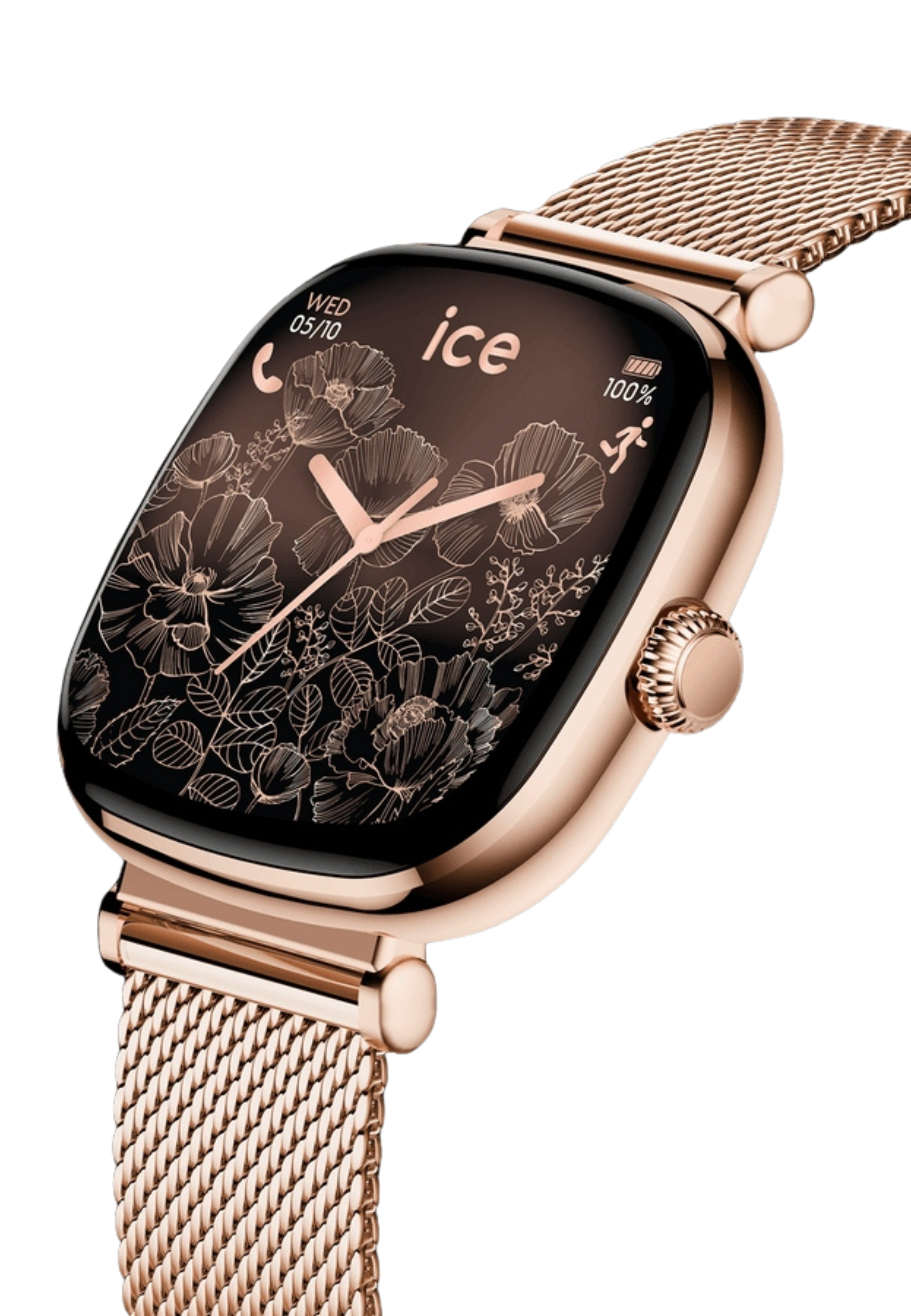 Roségoldene Smartwatch mit floralem Design auf dem Bildschirm, Mesh-Armband und Knopf an der Seite.