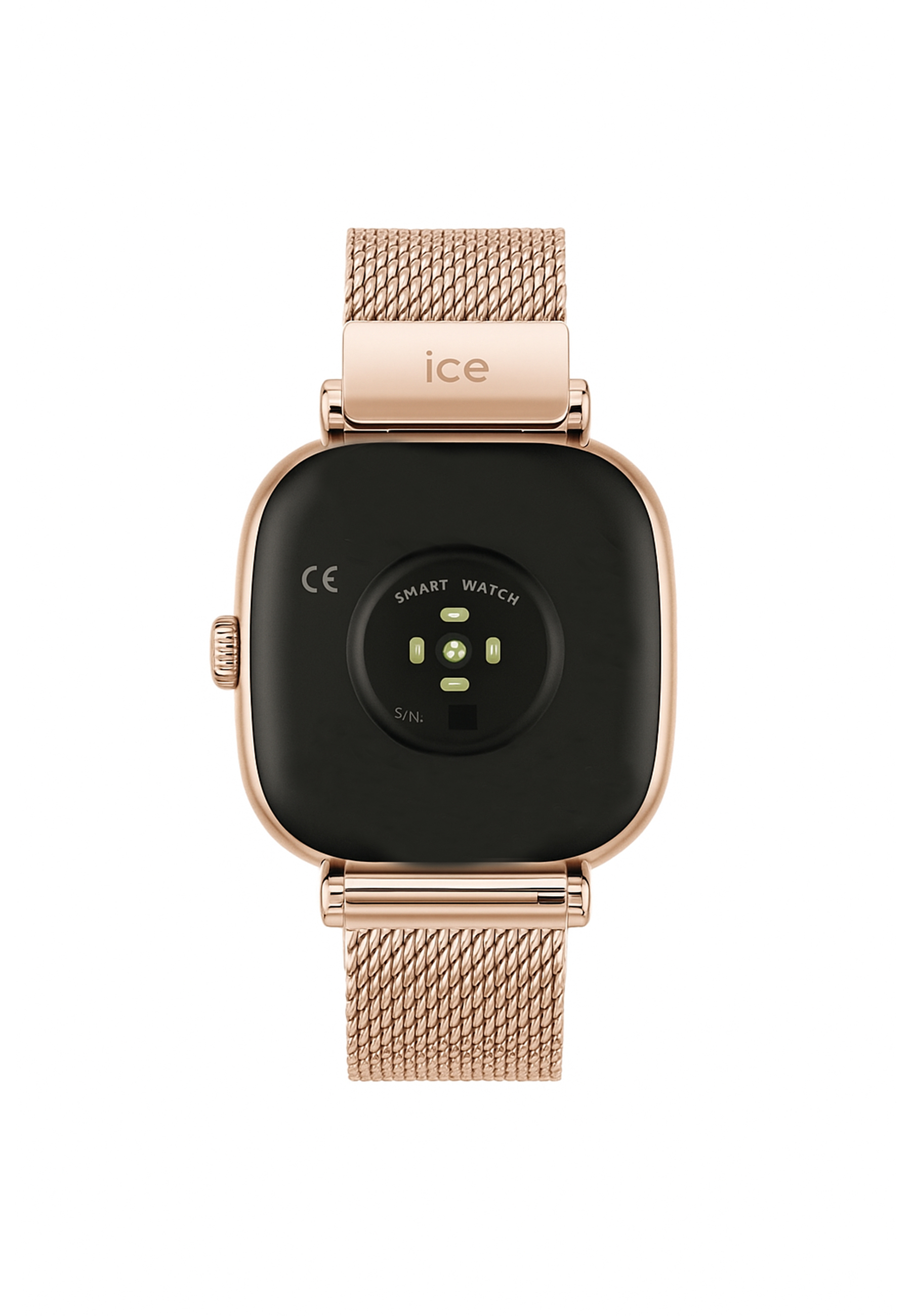 Rückansicht einer roségoldenen Smartwatch mit schwarzem Zifferblatt und Metallarmband. Die Marke 'ice' ist sichtbar.