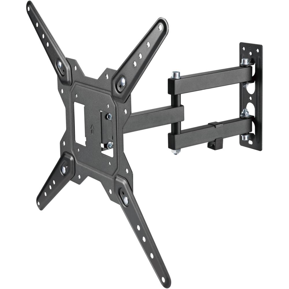 Un support TV noir et réglable. Il possède une plaque centrale et quatre bras extensibles avec plusieurs trous de vis. Le support est sur fond blanc.