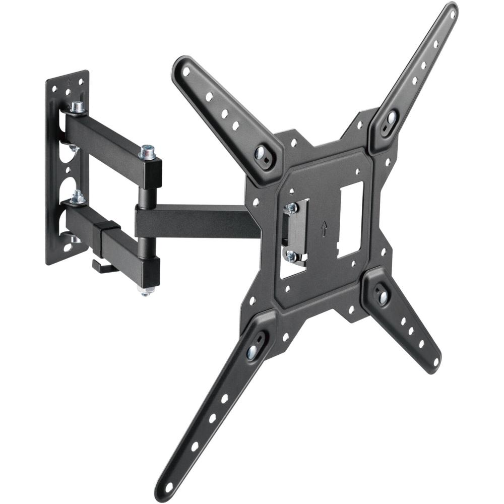 Un support mural TV noir articulé. Il comporte plusieurs articulations et une plaque de fixation avec des bras.