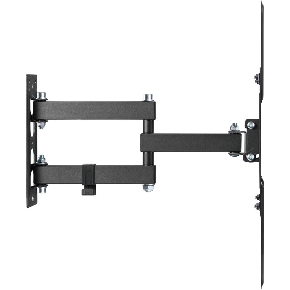 Un support mural TV noir. Il possède plusieurs articulations pour le réglage. Vis et boulons visibles, sur fond blanc.