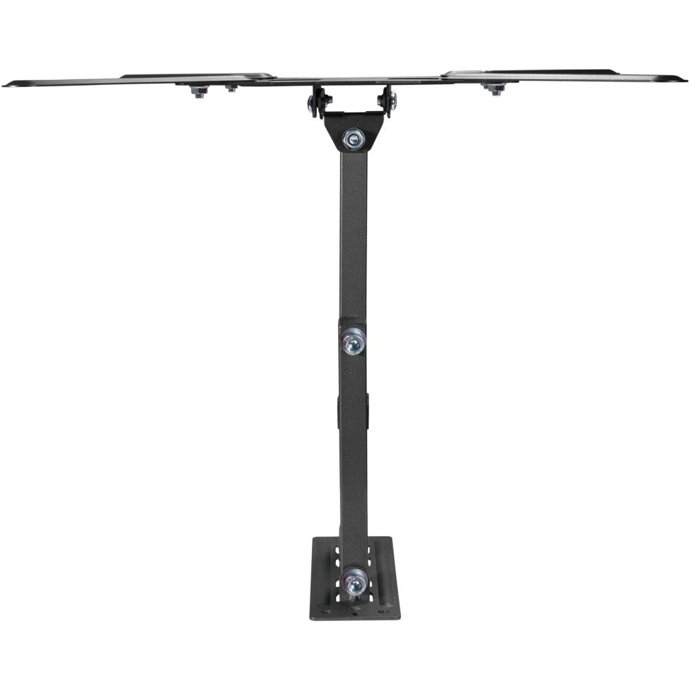 Un support TV métallique avec un poteau vertical, une base et deux bras horizontaux sur fond blanc.