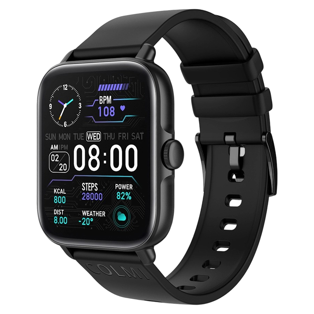 Eine schwarze Smartwatch zeigt Zeit, Herzfrequenz, Schritte und Wetter an. Sie hat ein schwarzes Armband und einen Knopf an der Seite. Die Zeit ist 08:00.