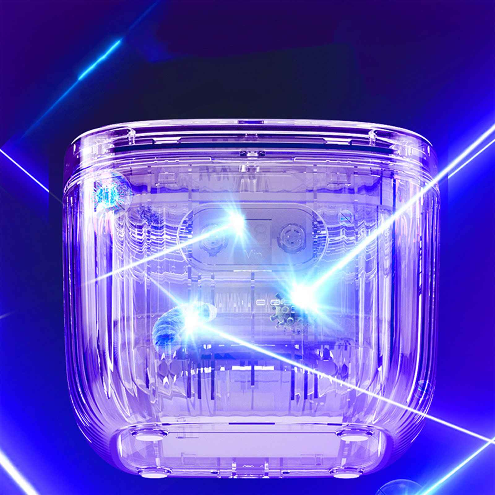 Ein transparentes, leuchtendes Gerät mit internen Komponenten. Blaue und weiße Lichtstreifen auf dunklem blauem Hintergrund.