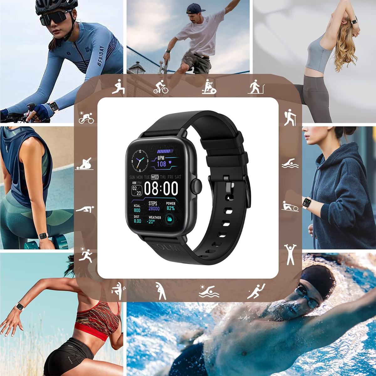 Eine schwarze Smartwatch zeigt Zeit und Statistiken an. Menschen werden beim Training gezeigt: Radfahren, Dehnen, Laufen, Schwimmen, mit der Uhr.