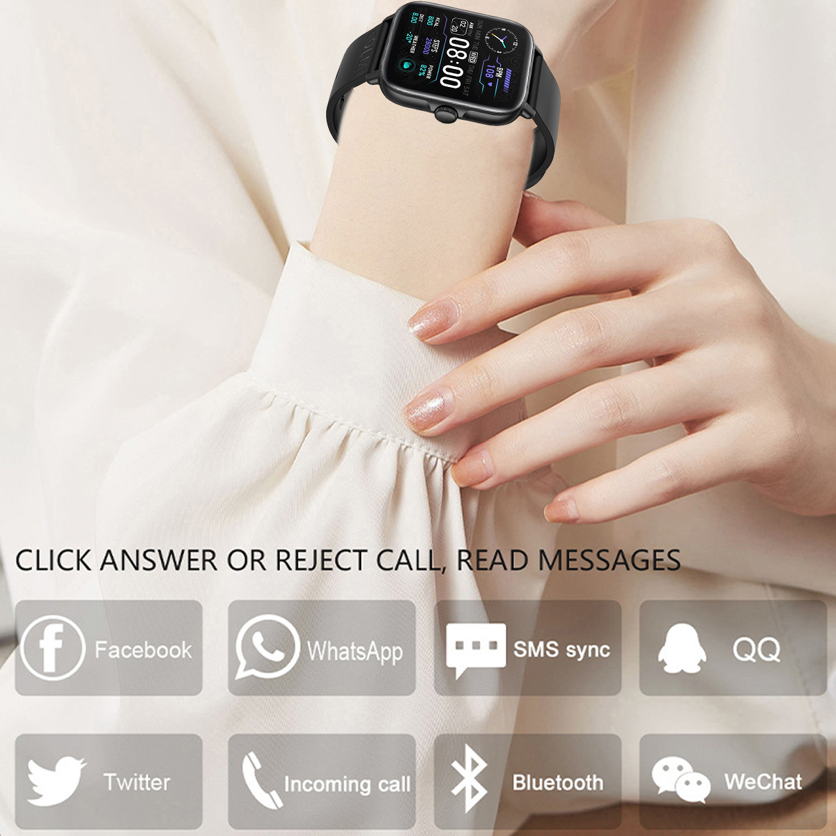 Das Handgelenk einer Person mit einer schwarzen Smartwatch, die die Zeit anzeigt. Icons für Social Media und Kommunikationsfunktionen sind unten.