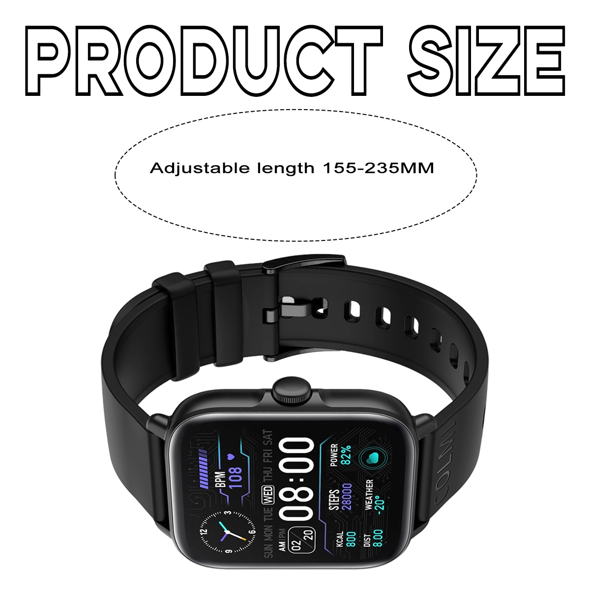 Eine schwarze Smartwatch zeigt Zeit, Schritte und Herzfrequenz an. Über dem Text steht 'PRODUCT SIZE' und 'Adjustable length 155-235MM'.