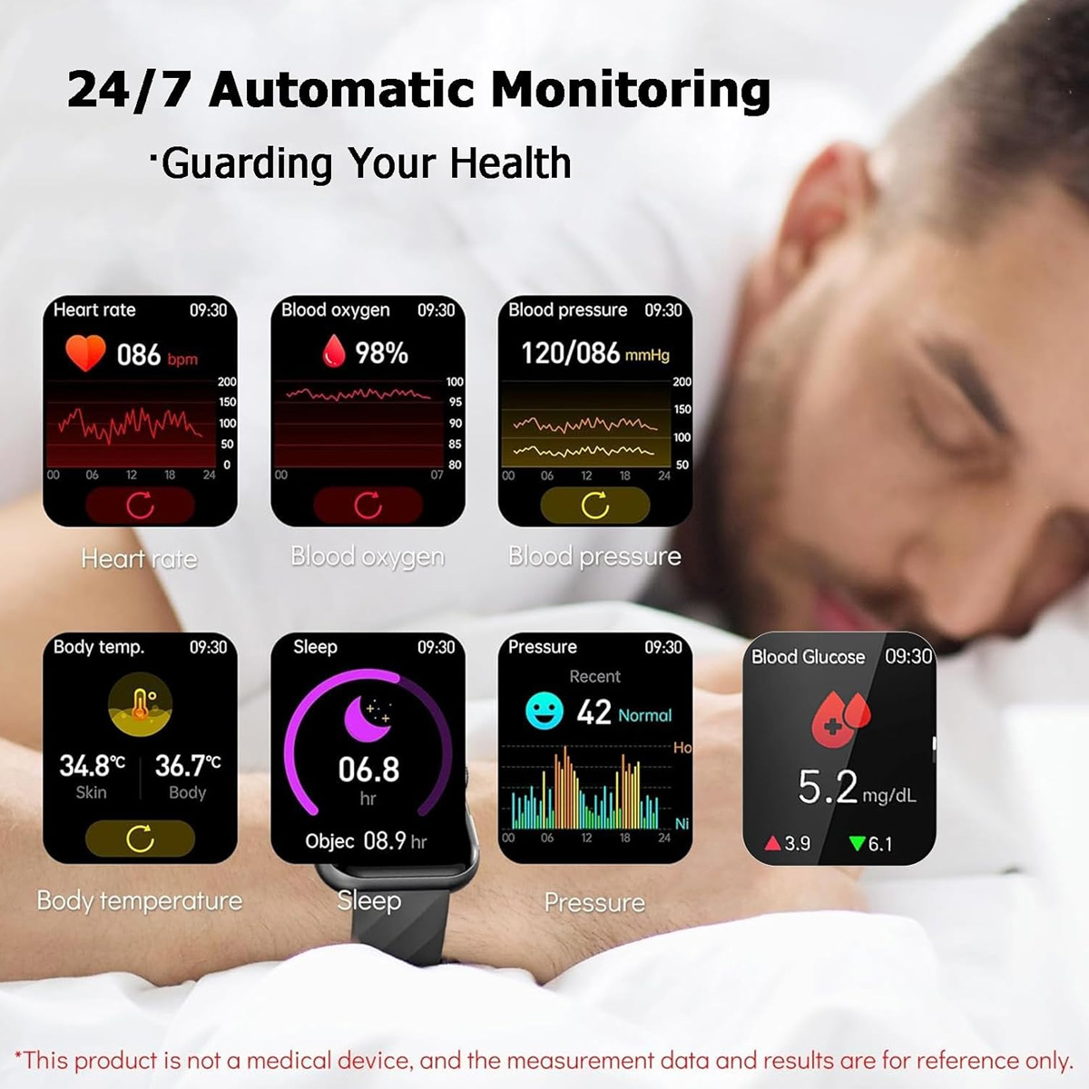 Smartwatch zeigt Gesundheitsmetriken an: Herzfrequenz, Blutsauerstoff, Druck, Körpertemperatur, Schlaf, Druck und Blutzucker. Text: 24/7 Überwachung.
