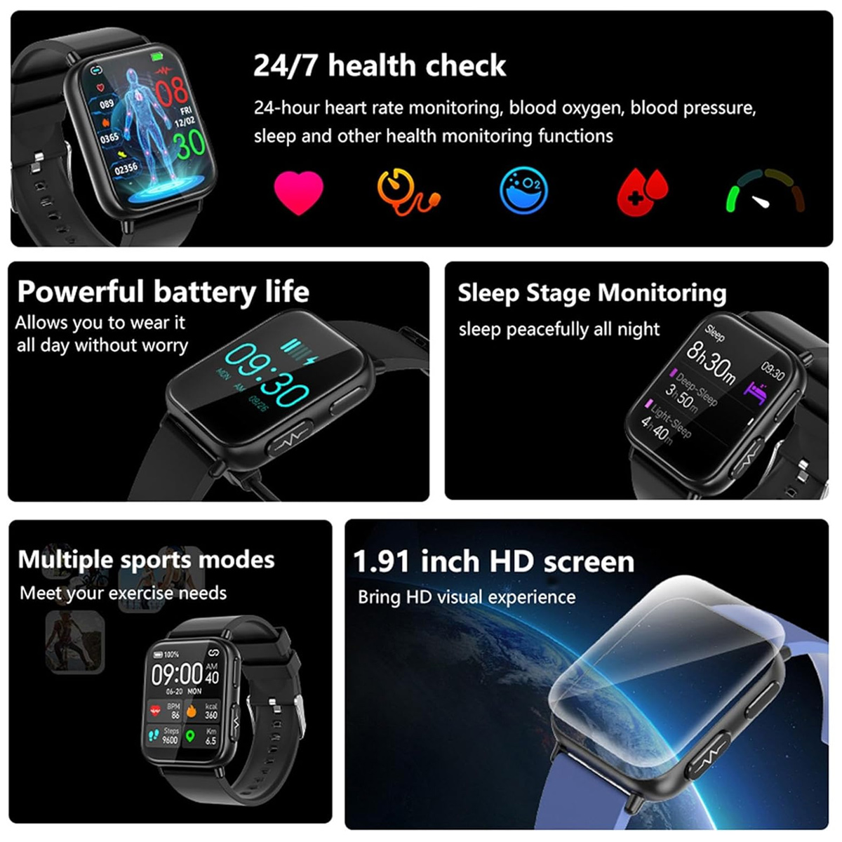 Eine Smartwatch, die Gesundheitsmetriken anzeigt: Herzfrequenz, Blutsauerstoff, Schlafphasen und verschiedene Sportmodi. Schwarze Uhr mit blauem Armband.