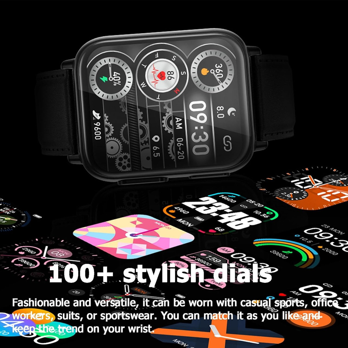 Eine schwarze Smartwatch zeigt Daten an, umgeben von anderen Zifferblättern. Text: '100+ stilvolle Zifferblätter'.