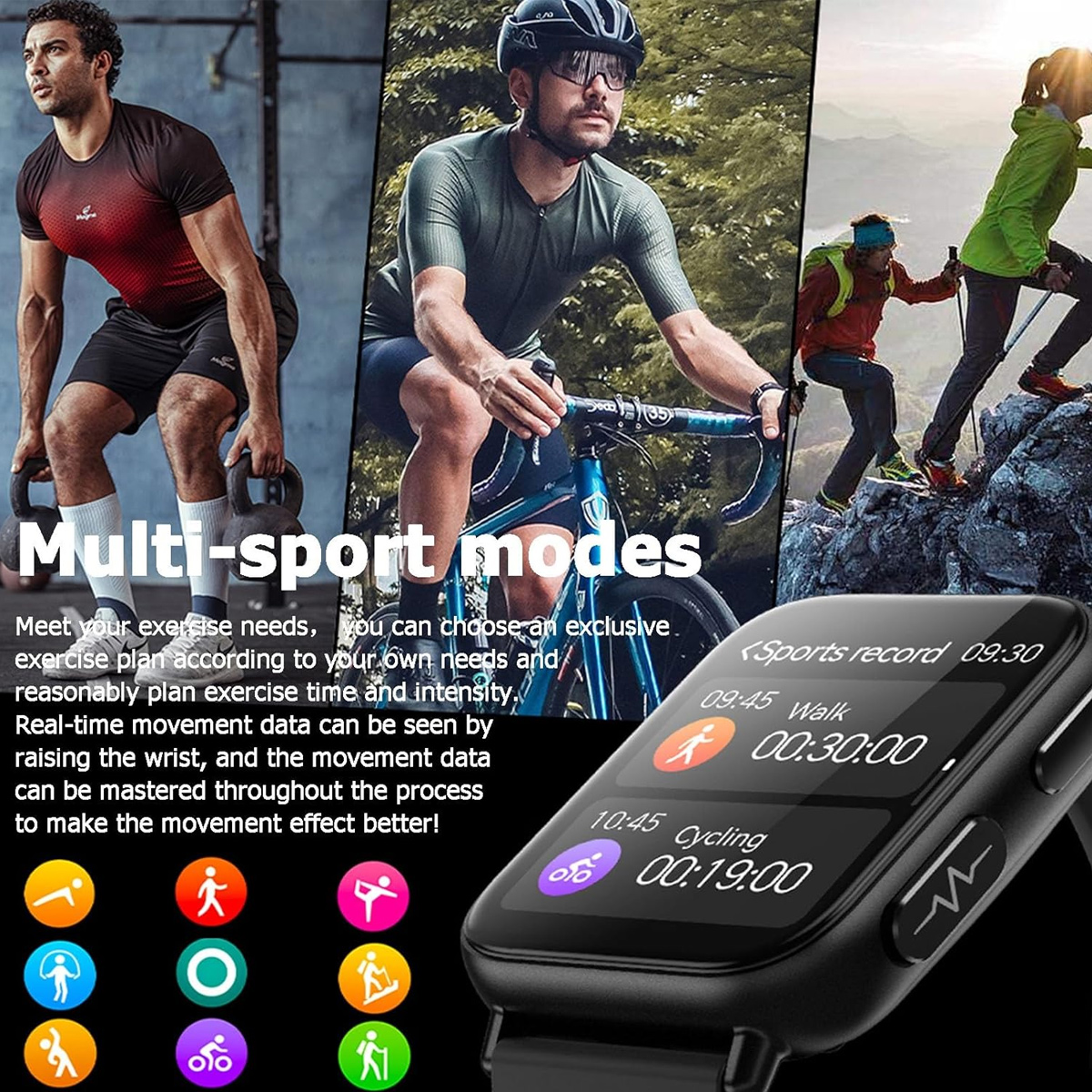 Das Bild zeigt Multisportmodi. Menschen trainieren: Gewichte heben, Rad fahren und wandern. Eine Smartwatch zeigt Sportdaten an.