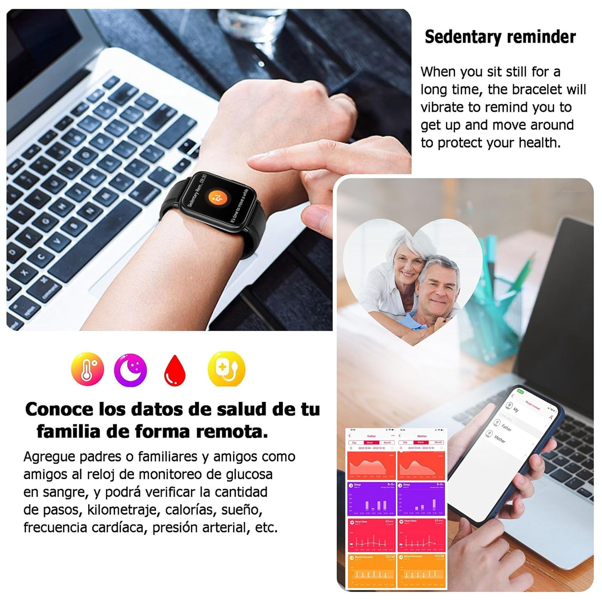 Am Handgelenk einer Person befindet sich eine Smartwatch, daneben ein Laptop und Gesundheitsdatengrafiken auf einem Telefon. Im Hintergrund ist ein älteres Ehepaar zu sehen.