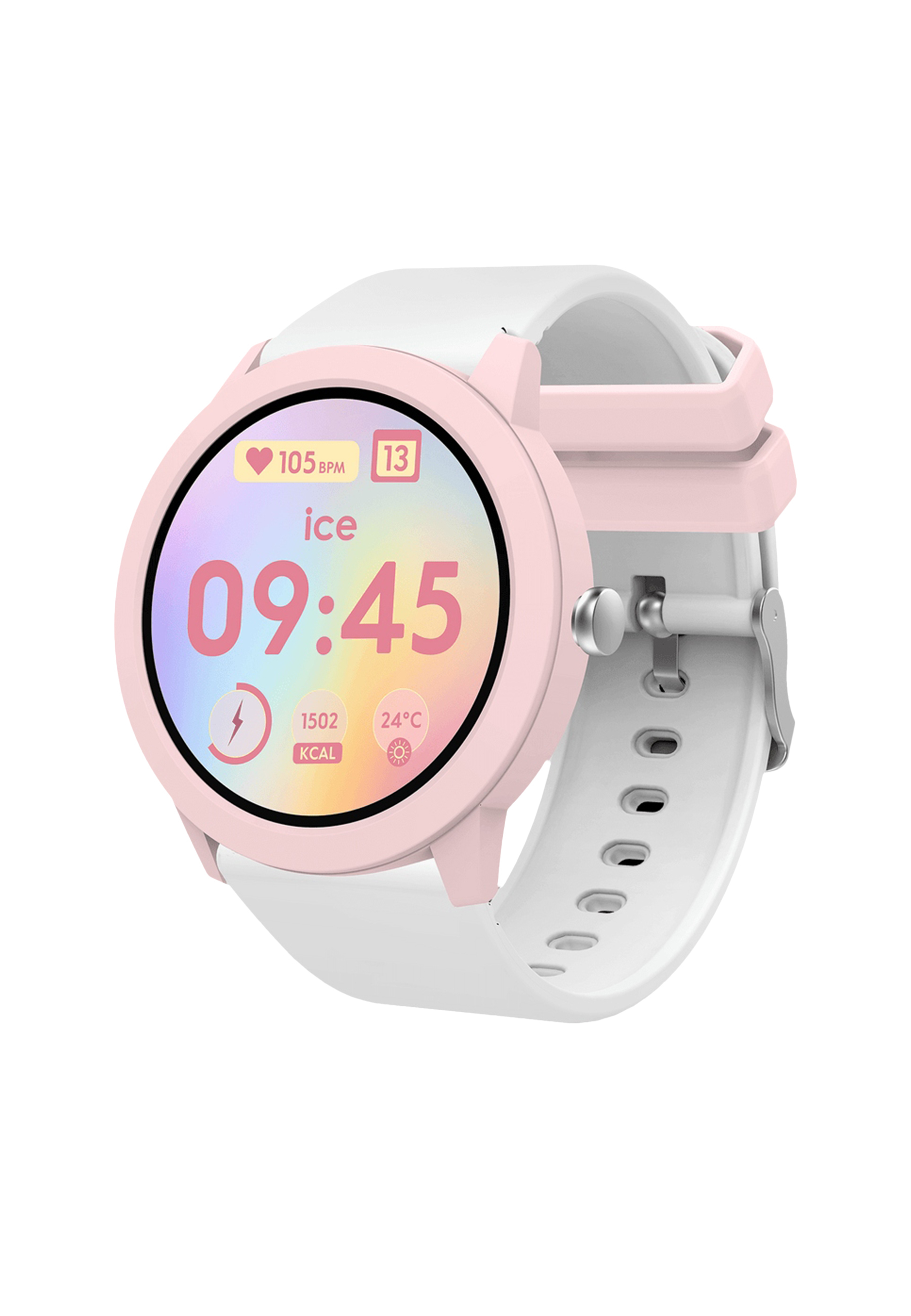 Eine rosa Smartwatch mit weißem Armband zeigt Zeit, Herzfrequenz und andere Daten an. Die Uhr befindet sich auf weißem Hintergrund.