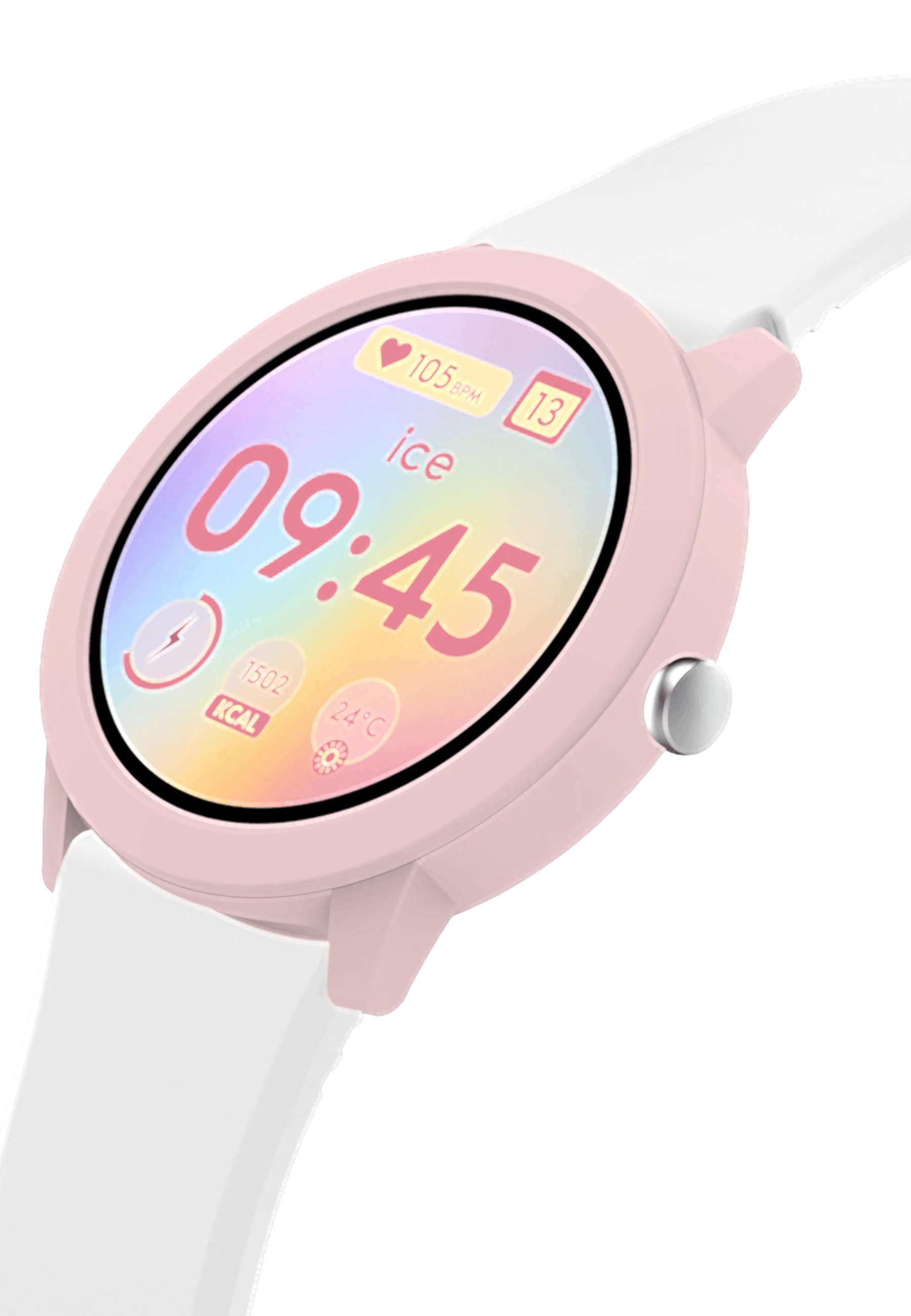Eine Smartwatch mit rosa Gehäuse, weißem Armband und einem Bildschirm mit Uhrzeit, Herzfrequenz und Gesundheitsdaten.